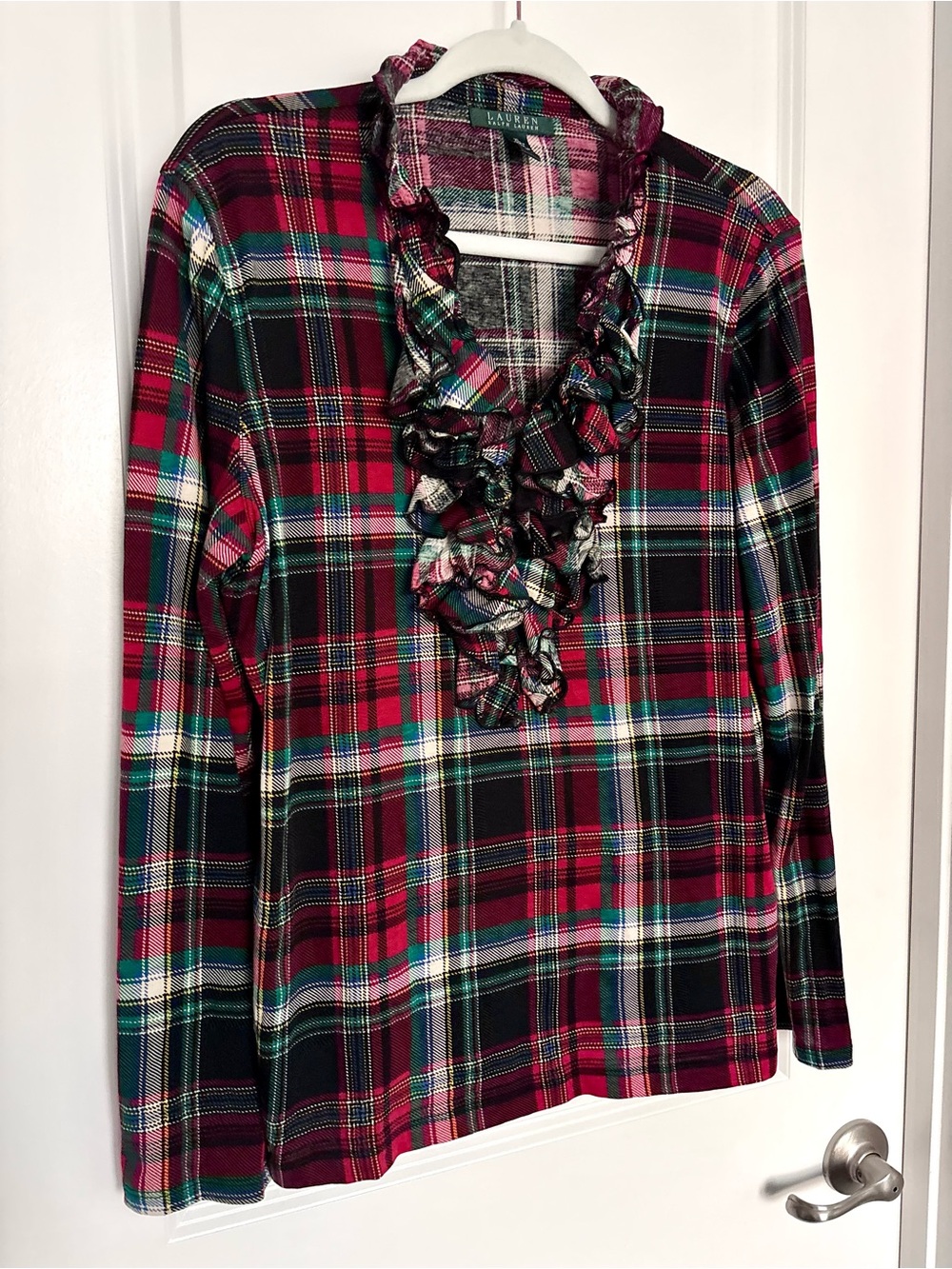 Ralph Lauren 100% Cotton Plaid Ruffle Shirt XL Fall Holiday Quiet Luxury